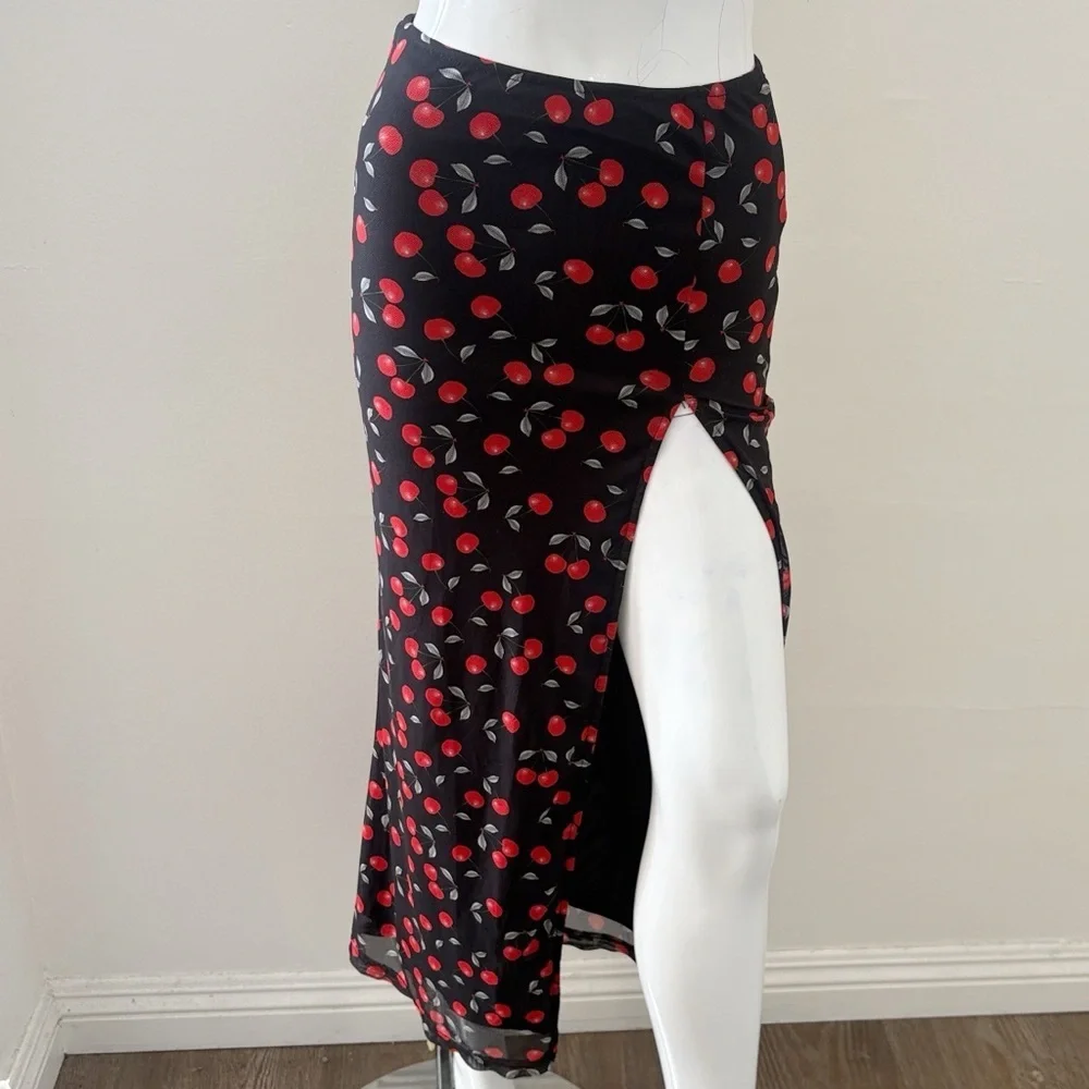 Bailey Rose Cherry Print Black Mesh Maxi Skirt w Slit up the Side Leg Revolve